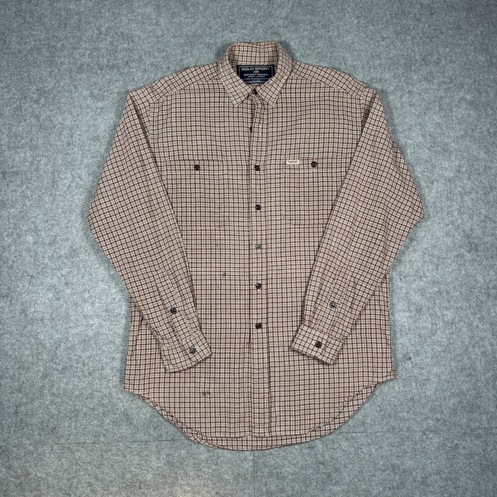 vintage Polo Sport sportsman button down Shirt Mens large Brown Plaid grid 90s